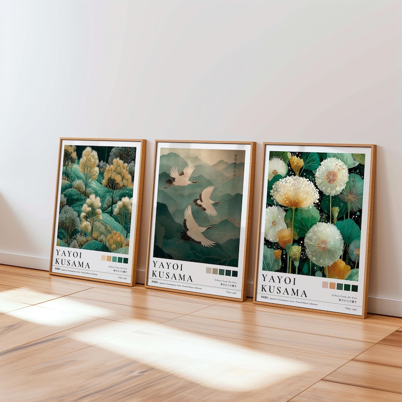 Plant Parenting - 1/3 個日本草間彌生タンポポキャンバスポスター鶴の森緑植物壁アートプリントモダンなリビングルームの家の装飾用